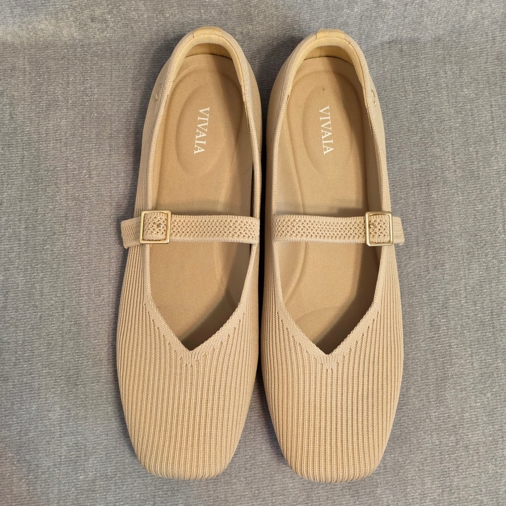 Vivaia Margot Square Toe Mary Jane Flats Women 9-9.5 Almond Beige Ribbed Knit - Picture 4 of 9